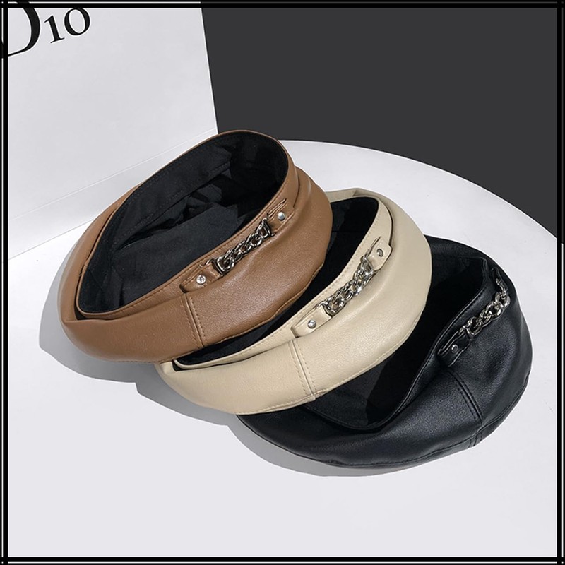 White Fang CZ336 Beret Leather Chain, Simple, Rock Hat, For