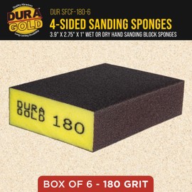 Dura-Gold 180 Grit 4-Sided Hand Sanding Block Sponges, Box of 6 - Performance Flex 3.9" x 2.75" x 1" Wet or Dry Flexible Sandpaper Abrasive Brick Pads, Reusable - Sand Wood, Drywall, Metal, Auto Paint