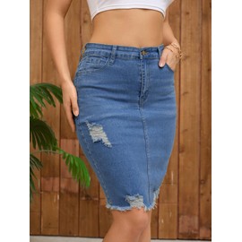 CIMUK Women's Denim Skirt Stretch Denim High Waisted Raw Hem Above The Knee Pencil Skirt Jean Skirts XX-Large Blue