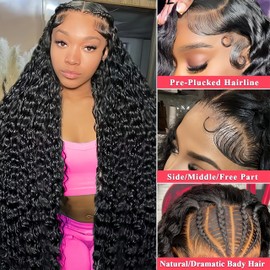 Nervoss 34Inch Deep Wave Lace Front Wigs Human Hair 200% Density 13x6 HD Transparent Deep Curly Lace Front Wigs for Women Pre Plcked Glueless Wigs with Baby Hair