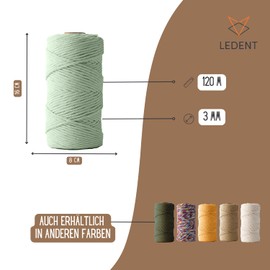 Ledent Macrame Yarn (3 mm, 120 m, Eucalyptus) Simply Twisted, Rope Yarn for Macrame Made from 100% Recycled Cotton Yarn, Thick Macrame Yarn in Eucalyptus Colour for Crafts