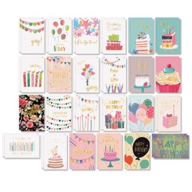 Better Office Products Happy Birthday Cards, 4 x 6 inch, 48 Pack, Different Unique Designs, Heavyweight Paper, Blank Inside, with Envelopes (Gold Foil)