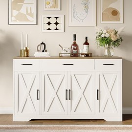 PeacefulHues Modern Buffet Sideboard Kitchen Storage Cabinet with 3 Drawers, 55" Large Farmhouse Buffet Cabinet with Shelves and Doors, Wood Coffee Bar for Living Room Dining Room Hallway White