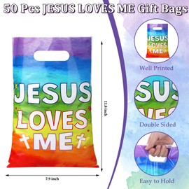 Hosuly 50 Pieces JESUS LOVES ME Gift Bags Plastic Goody Bags with Handles Religious Treat Bags Christian Cross Candy Gift Bag for VBS Church Party Supplies Party Favor Decoration