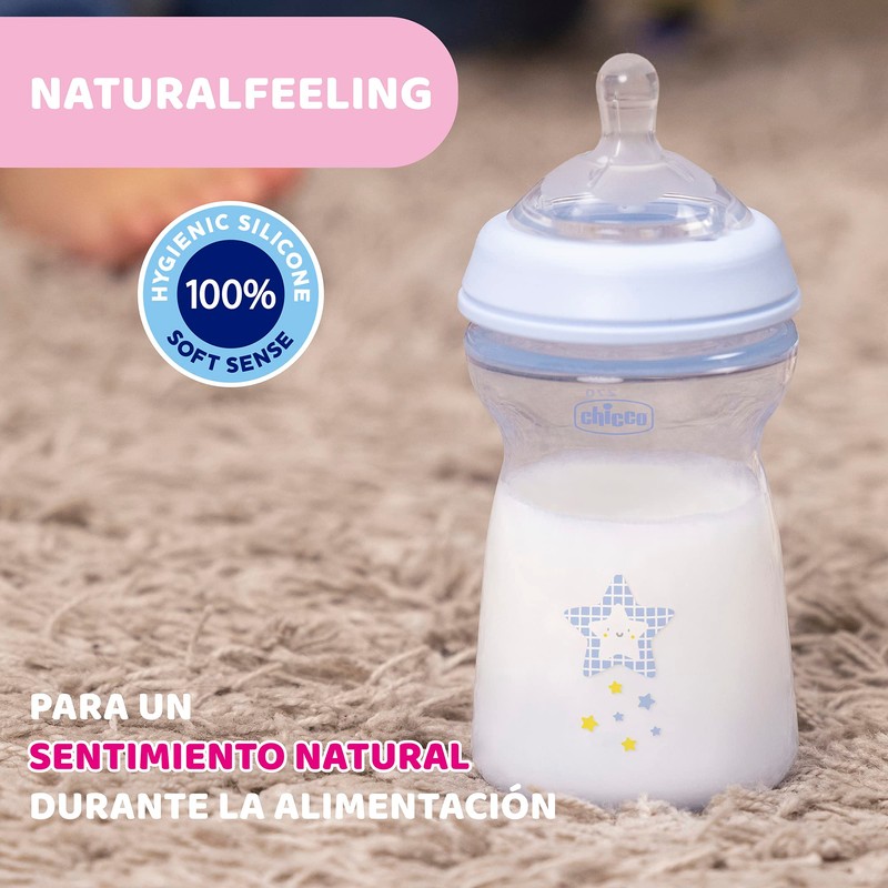 CHICCO, Biberón Natural Feeling, Color Azul, 330 ml
