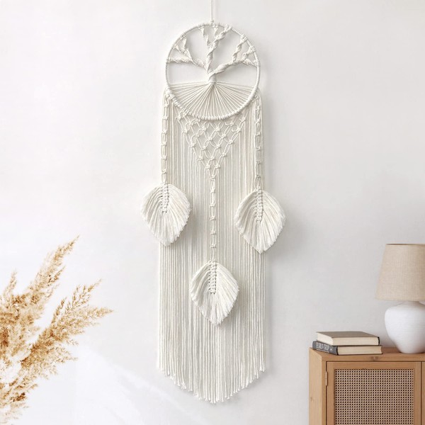 LOMOHOO Tree of Life Dream Catcher,Macrame Wall Hanging,Boho Feather Leaf Dream Catcher,Bohemian Dream Catcher for Wedding Party,Bedroom,Kids Room,Cafe,Gypsy Decor (Tree of life)