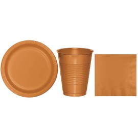Baxters Party Bundles Bulk, Pumpkin Spice, 48 Count 9 Inch Paper Plates, 40 Count 16 Ounce Plastic Cups, 50 Count Luncheon Paper Napkins, Pack Contains 138 Pieces Made in The USA