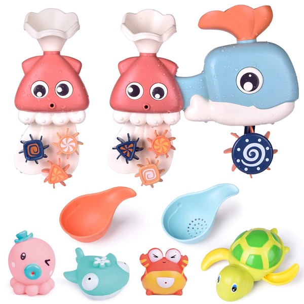 FUN LITTLE TOYS 8 PCs Bath Toys for Toddler with Waterfall Station, Bath Squirters, Wind Up Bath Toy and Bath Cups, Birthday Gifts for Boys and Girls