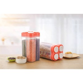 Zyrena Airtight Cereal Storage Container, Clear 2.3L Airtight Kitchen Food Storage Container with Lids and Compartments for Grain, Sugar, Flour, Rice, Nuts, Snacks, 4 Sections (Red-White Lid)