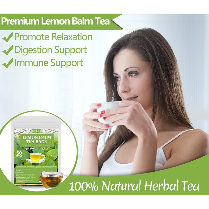 Premium Lemon Balm Leaf Tea, 50 Bags. Made with 100%