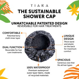 TIARA Luxury Shower Cap for Women Reusable Waterproof, Hair Cap for Long & Short Hair, All Size Flexi Adjustable Terry Lined Cloth Plastic Leakproof Soft, Breathable, Durable & Comfy (Dots Black)