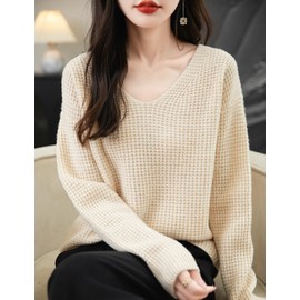 Chanyarn Women's 100% Merino Wool Sweater 2024 Fall Winter Casual V Neck Long Sleeve Waffles Knit Sweater Pullover (Beige,L)