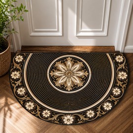 Black Gold Retro Flowers Half Round Door Mat 35.4 x 23.6 inch; Semicircular entryway Rug; Non Slip Absorbent Half Circle Door mat for Decorating Indoor and Outdoor Entrances, Kitchens, and Bathrooms