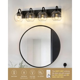 Emak Modern 29 Inch Black Vanity Lights, 4-Light Bathroom Vanity Light with Clear Glass Shade, Farmhouse Globe Bathroom Light Fixtures Over Mirror, VL118-BK-CG-4