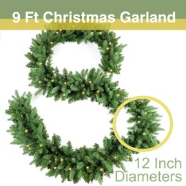 HomeKaren Christmas Garland 9 Ft by 12 Inch Prelit Fraser Fir Xmas Garland with 50 LED Lights 550 Tips, Real Like Lush and Classics Green Style for Indoor Outdoor Home Decoration
