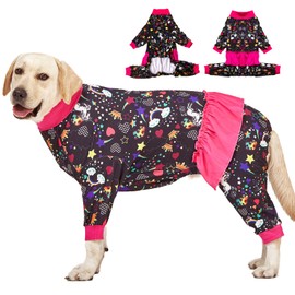 LovinPet Large Breed Dog Pajamas, Wound Care/Post Surgery Recovery Shirt for Large Dogs, Unicorn and Rainbow Black Print, Lightweight Stretchy Pullover Large Puppy Pajamas, Bodysuit Dog Jammies/XXL