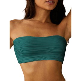 ZAFUL Women Textured Bandeau Bikini Top Lace up Strapless Swimsuit Solid Color High Cut Bathing Suits Top Only(0-Pk Green, XL)