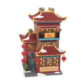 Department 56 Christmas in the City Village Collection Lunar New Year Dragon Tea House Lit Building- Hand Crafted Resin Buildings Lunar Dragon Figurine Village Houses with Lights Home Decor, 7.64 Inch