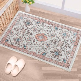 Mcadore 2x3 Area Rugs Washable Boho Rug, Non Slip Carpet for Living Room, Bedroom, Kitchen, Soft Low-Pile Rug, Beige/Floral…
