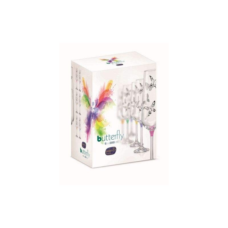 Bohemia Butterfly Crystal Champagne Flutes 200 ml Multi-Coloured with Butterflies