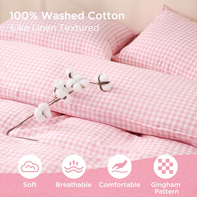 TOCOMOA Pink Gingham Duvet Cover Bedding Set 100% Washed Cotton