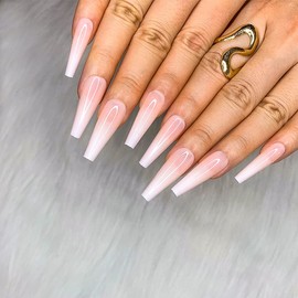 Morily 24pcs Fake Nails Nude White Ombre Ballerina Long Coffin Glossy Press on Nail False Tips Artificial Finger Manicure for Women