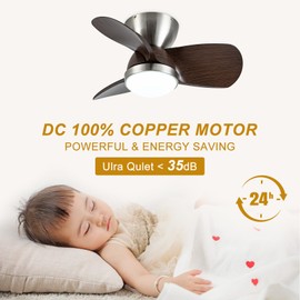 Glarmeres LED Ceiling Fan with Lights Vintage 24” Flush Mount Ceiling Fan with Remote Stepless Dimmable (3000K-6000K) 6 Wind Speeds Smart Low Profile Ceiling Fans for Bedroom, Kids Room, Dining Room