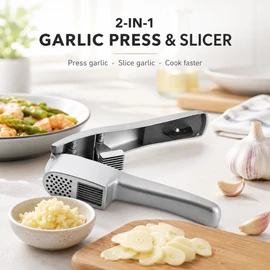 2-in-1 Garlic Press & Slicer for Kitchen Prep – Zinc Alloy Ginger Mincer Tool for Home Cooking