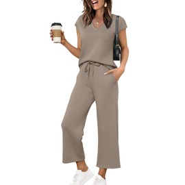 Two Piece Set for Women Summer Cruise Travel Outfits 2025 Beach Vacation Clothes Trendy Lounge Sets Matching Sets Wide Leg Pants Set Airport Sweat Set Brown L
