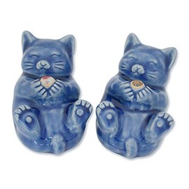 NOVICA Blue Celadon Ceramic Sculpture, 4.7" Tall 'Happy Kitties' (Pair)
