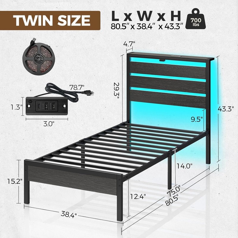 Rolanstar Bed Frame Twin Size with USB Charging Station, LED