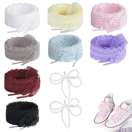 8 Pairs of Lace, Flat Hollow Flower Lace Shoelaces, 120 cm, Suitable for DIY Ballet Style, Cute Girls Accessories with 2 Bead Accessories (White/Black/Pink/Blue/Purple/Red/Grey/Beige)