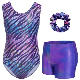 Gogokids Gymnastics Leotards for Girls, Sleeveless Rhinestone Kids Dance Unitards Biketards with Shorts and Hair Scrunchie