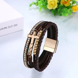 Aroncent Cross Leather Wrap Bracelet: Boho Cuff Leather Multi-Layer Cross Bracelet Crystal Rhinestones Bead Bangle Christian Jewelry for Women Men