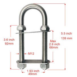 SHENGHUISS 2-Pack Marine 316 Stainless Steel M12 Thread,2" Width, 5-1/2" Length,Boat Stern Bow Eye Tie Down U Bolt