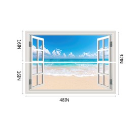 Fake Window Wall Sticker - Summer Tropical Ocean Beach Scene Faux Window Wall Mural Decal for Home Decor, Peel and Stick Wall Sticker, 48"x32",Set of 2 Sheets
