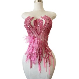 Hand Made Smart Beads Tassels Fluttering Feathers Hand-Stitched Shiny Rhinestones Bodice Applique Dress DIY Accessories Patches (Pink)