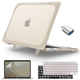 Teryeefi Heavy Duty Case for 2018-2020 MacBook Air 13 inch A2337 M1 A2179 A1932, Shockproof Fold Kickstand Function Hard Shell with Keyboard Cover & USB C Adapter, Beige Stone