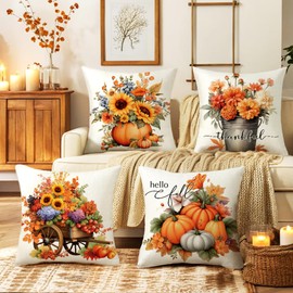Pack of 4 Autumn Cushion Covers, 40 x 40 cm, Thanksgiving Decorative Cushion Covers, Linen Sofa Throw Cushion Cover, Decorative Thanksgiving Maple Leaf Covers, for Sofa, Bedroom, Garden, Home