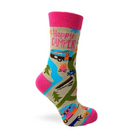 Fabdaz Happy Camper Camping Themed Women's Novelty Crew Socks - 1 Pair - 1 Size Fits Most