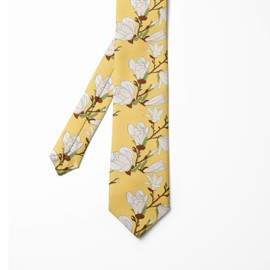 Ambesonne Floral Necktie, Retro Magnolia Tree Branch Flourishing Fragrance Blossoms Pattern Print, 3.7", Mustard Brown and Green