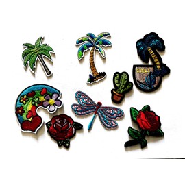 Dragonfly Palm Trees Cactus Rainbow Roses Iron-On Patch Set of 8 PA-104
