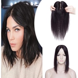 Miss Lirenn® Women's Synthetic Middle Part Hair Topper 4" x 4" Silk Base 5 Clip in Straight Hair Extension for Thinning Hair, Black Color