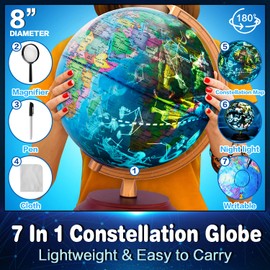 TTKTK Illuminated World Globe for Kids & Adults All Ages with Wooden Stand 7 in 1- Night View Stars Map Constellation Globe with Detailed Colorful World,Built-in LED Bulb, Educational Gift