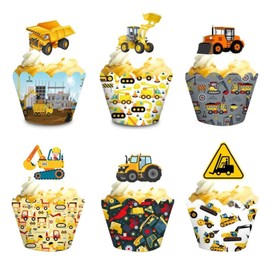Bymivofun Pack of 48 Digger Cupcake Toppers, Digger Cupcake Wrapper, Construction Vehicles Cupcake Decoration, for Children, Boys, Children's Birthday Party Decoration