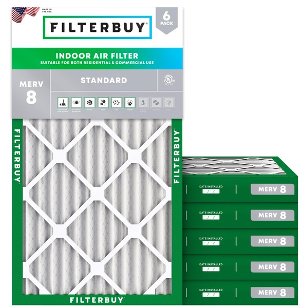 Filterbuy 12x25x2 Air Filter MERV 8 Dust Defense (6-Pack), Pleated