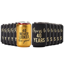 Cheers to 40 Years and 1 Metallic Gold"40 Never Looked So Good" Birthday Party Can Coolies, Set of 12, Black and Gold 40th Birthday Cooler, Perfect for Birthday Parties or Birthday Decorations