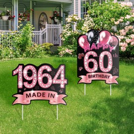 2Pcs Rose Gold 60th Birthday Yard Sign Decorations for Women, 16'' Happy 60th Birthday Waterproof Lawn Signs Decorations with Stakes Made in 1964 Birthday Party Supplies Decor Outdoor