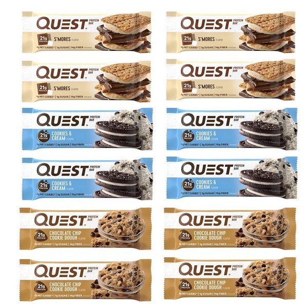 Quest Nutrition Protein Bar Variety Pack, Including S'mores, Cookies & Cream & Chocolate Chip Cookie Dough, Pack of 12, 4 of 2.12 oz Each