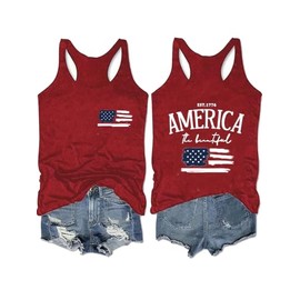 American Flag Tank Tops for Women 4th of July Outfits USA Sleeveless O-Neck Patriotic Tees (Red,L)